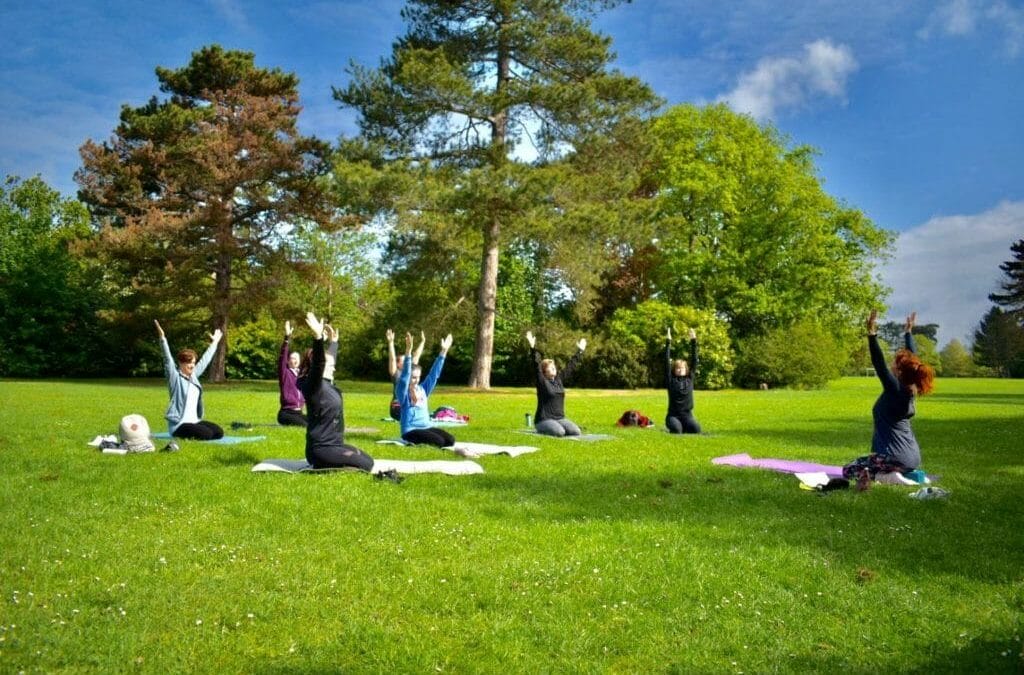 a group of people doing yoga in a park.