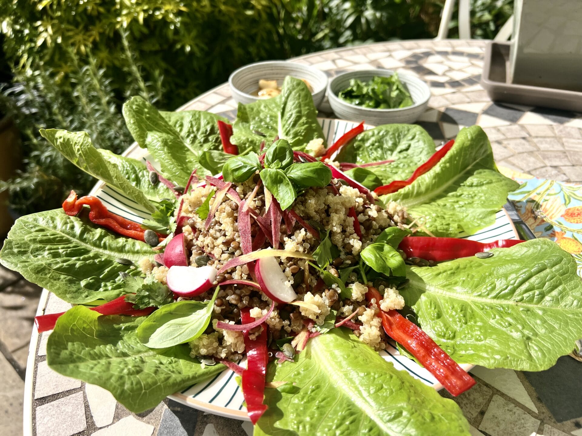 A plate of salad on a table outside.