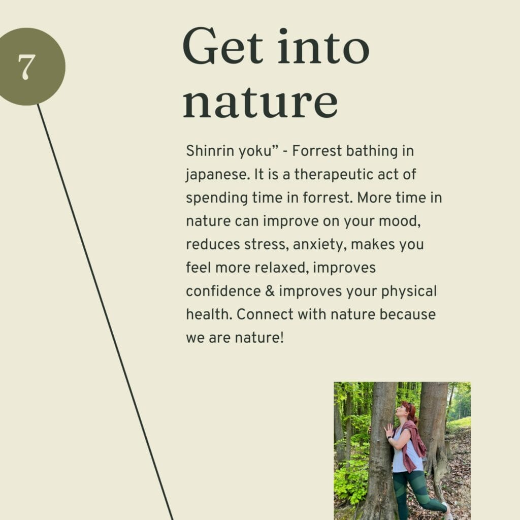 A woman in a forest promoting wellbeing and nature.